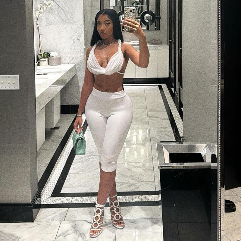 Women Halter Neck Backless Lace Tank Top and Solid Cropped Pants two-piece set 4