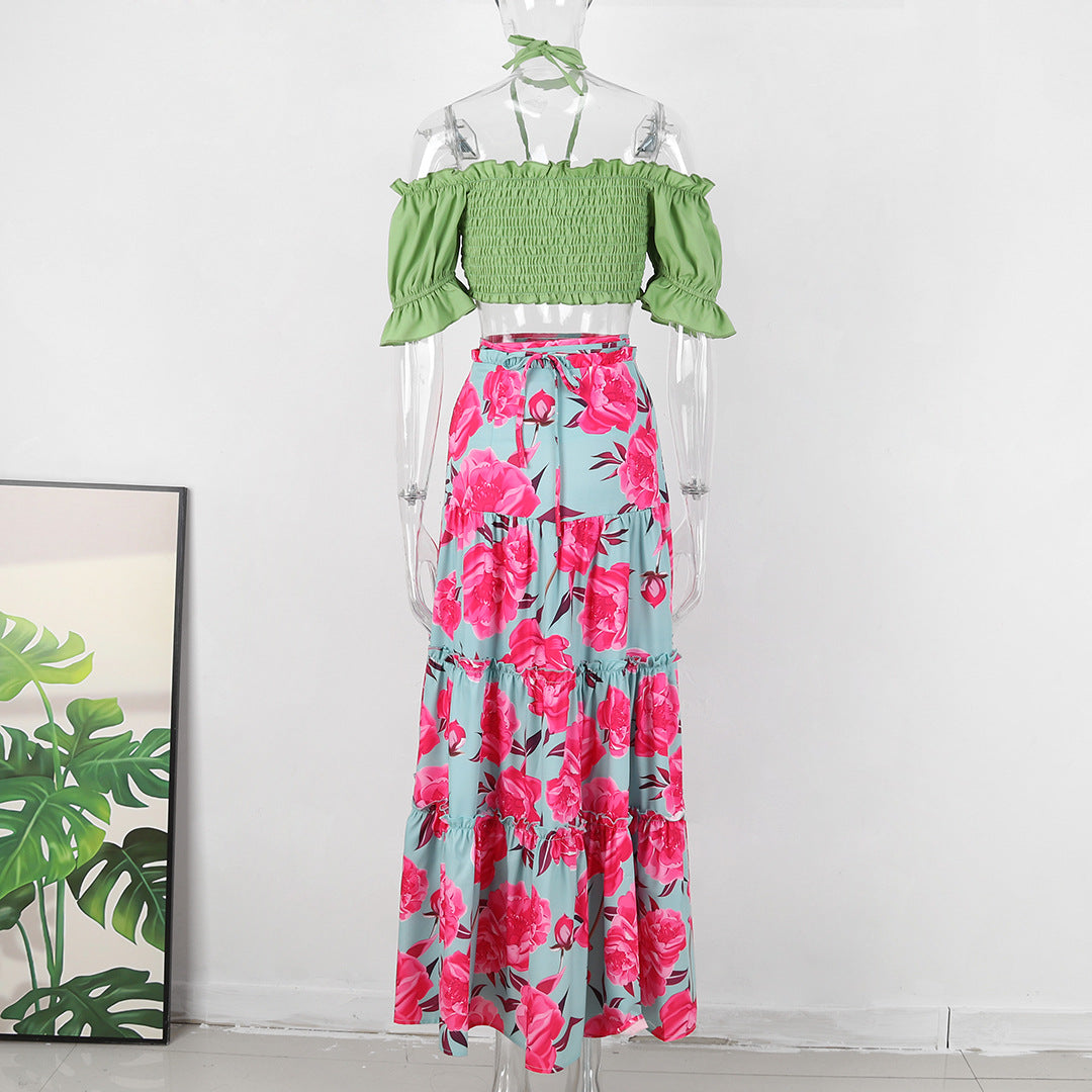 Holidays Long Skirt Set Off Shoulder Halter Neck Top Lace-Up High Waist Skirt Two Piece Set 7
