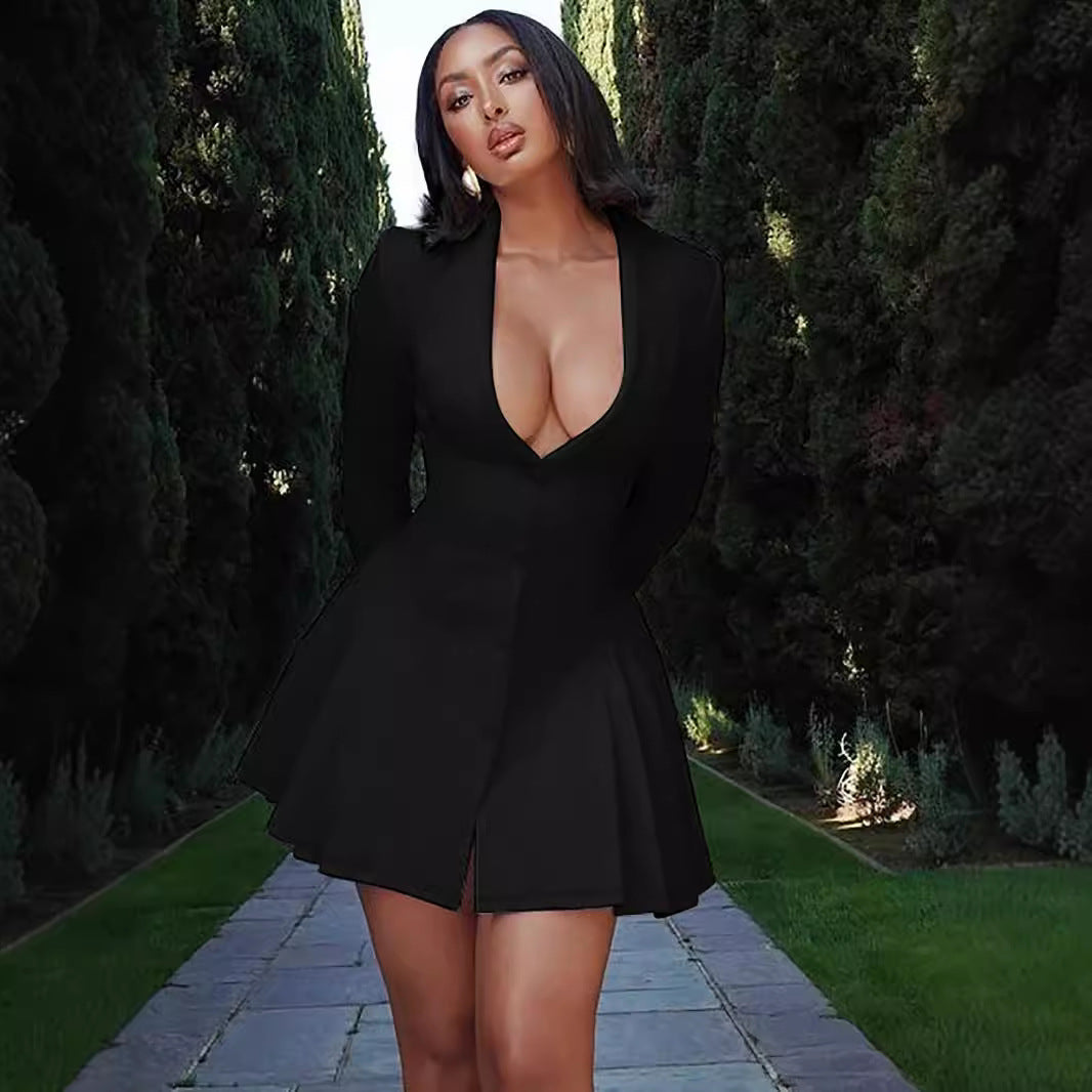 Women Solid Long Sleeve Pleated Sexy V Neck Blazer Dress 4