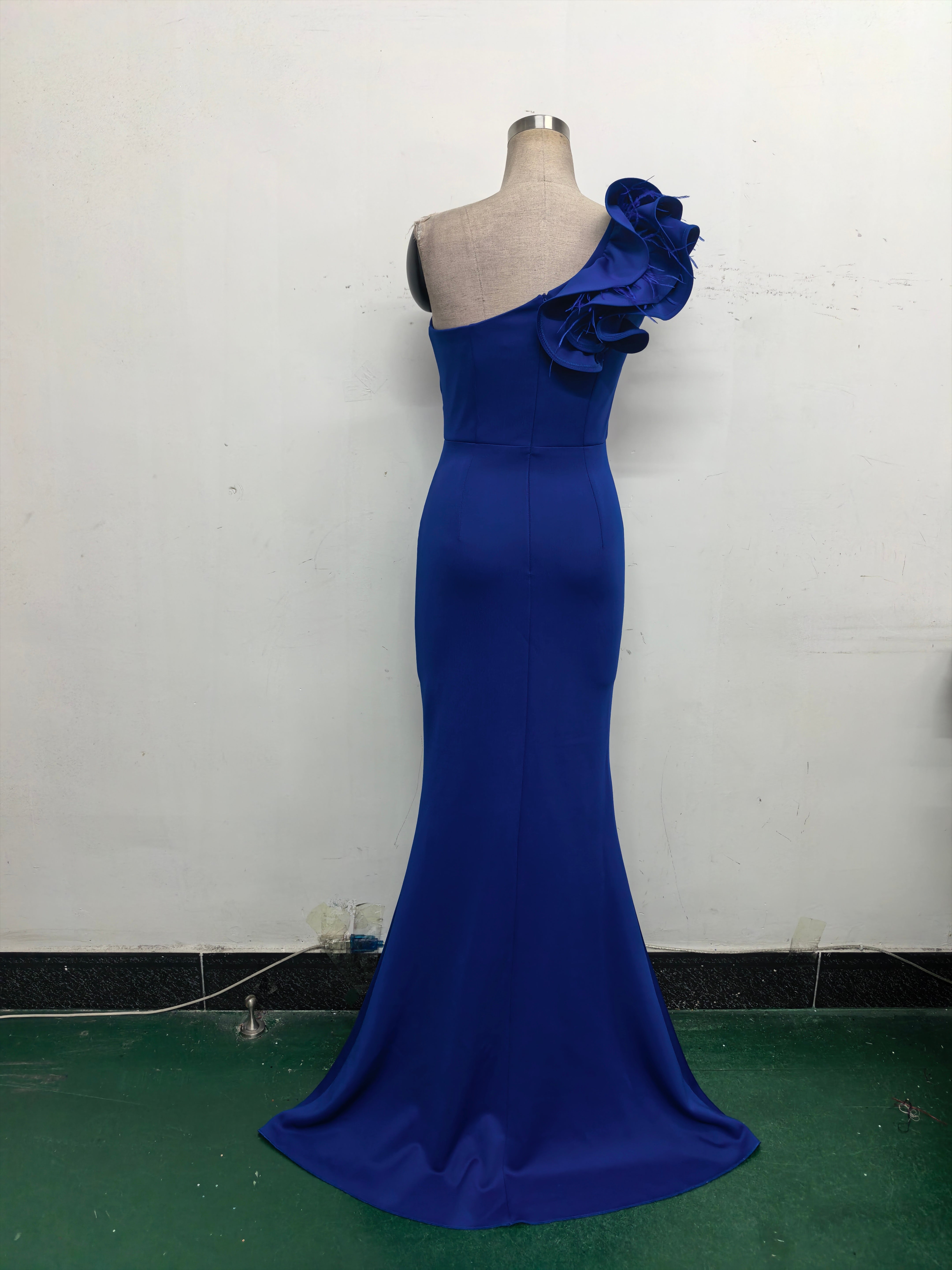 Women One-Shoulder Beaded Wool and Floral Satin Slit Sexy Evening Dress 47