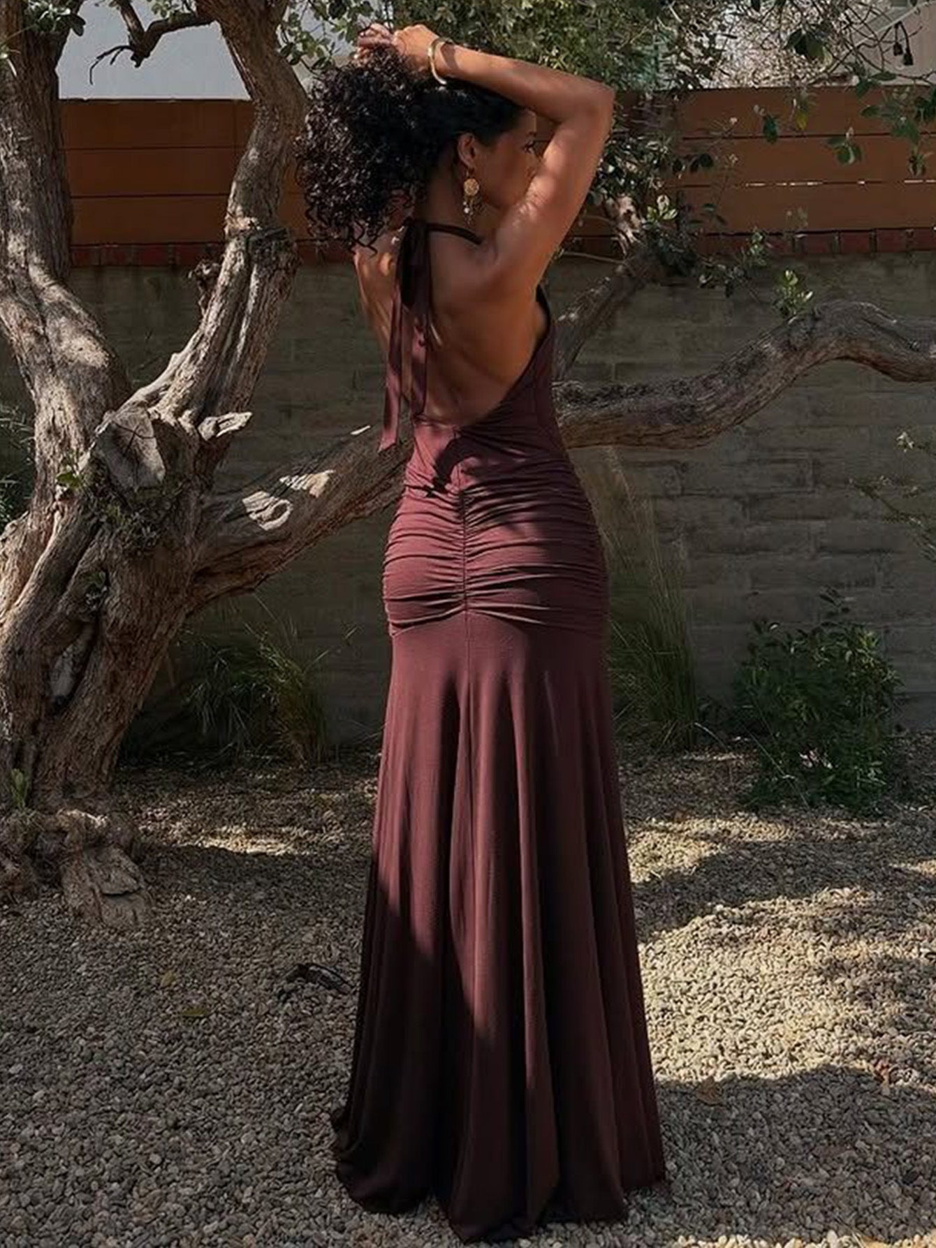 Women Solid Sexy V Neck Sleeveless Hollow Slit Halter Neck Dress 5