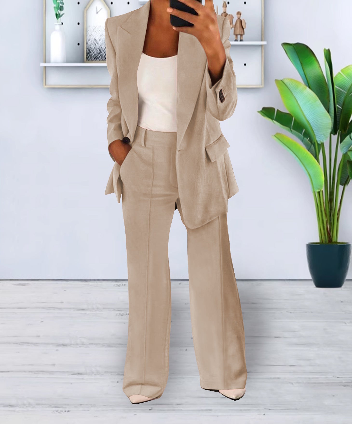 Fashionable Casual Solid Color Blazer Trousers Career Two Piece Suit 4