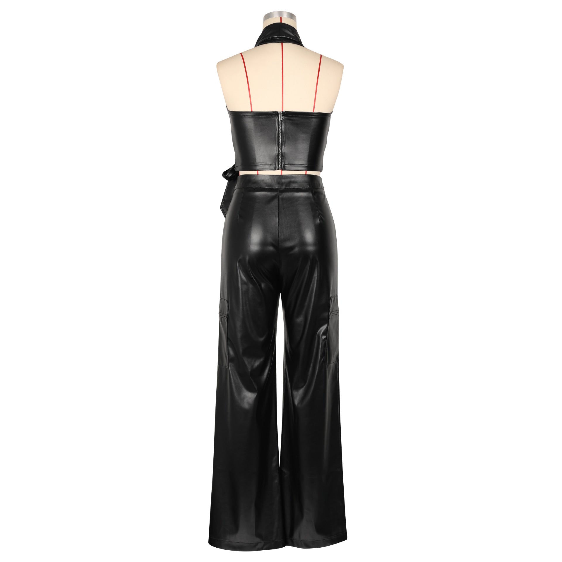 Summer Women's Sleeveless Halter Neck Sexy Pu Leather tank  Pants Two-piece Set 8