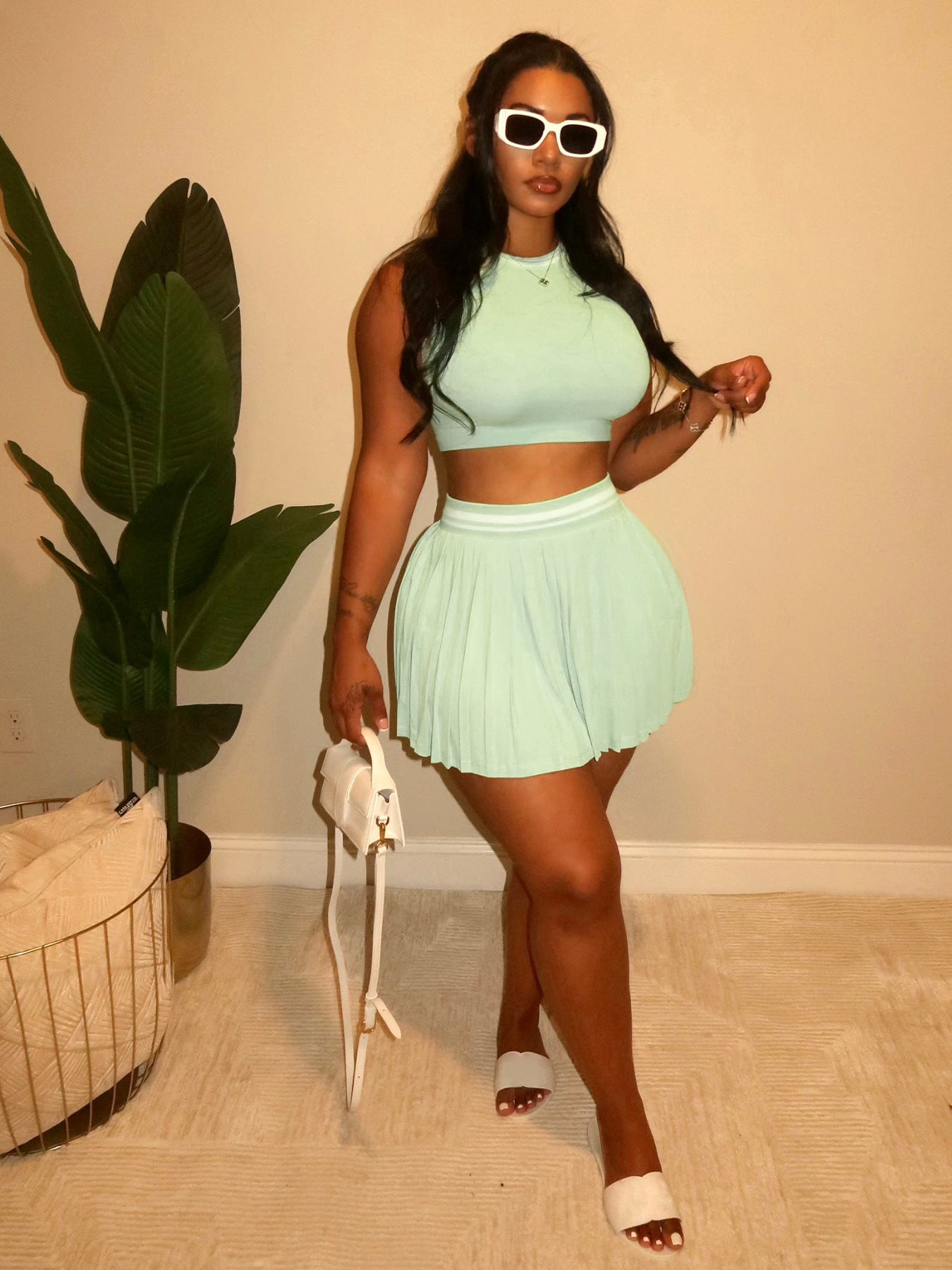 Women Sleeveless Crop Top Pleated Skirt Sports Two-piece Set 6