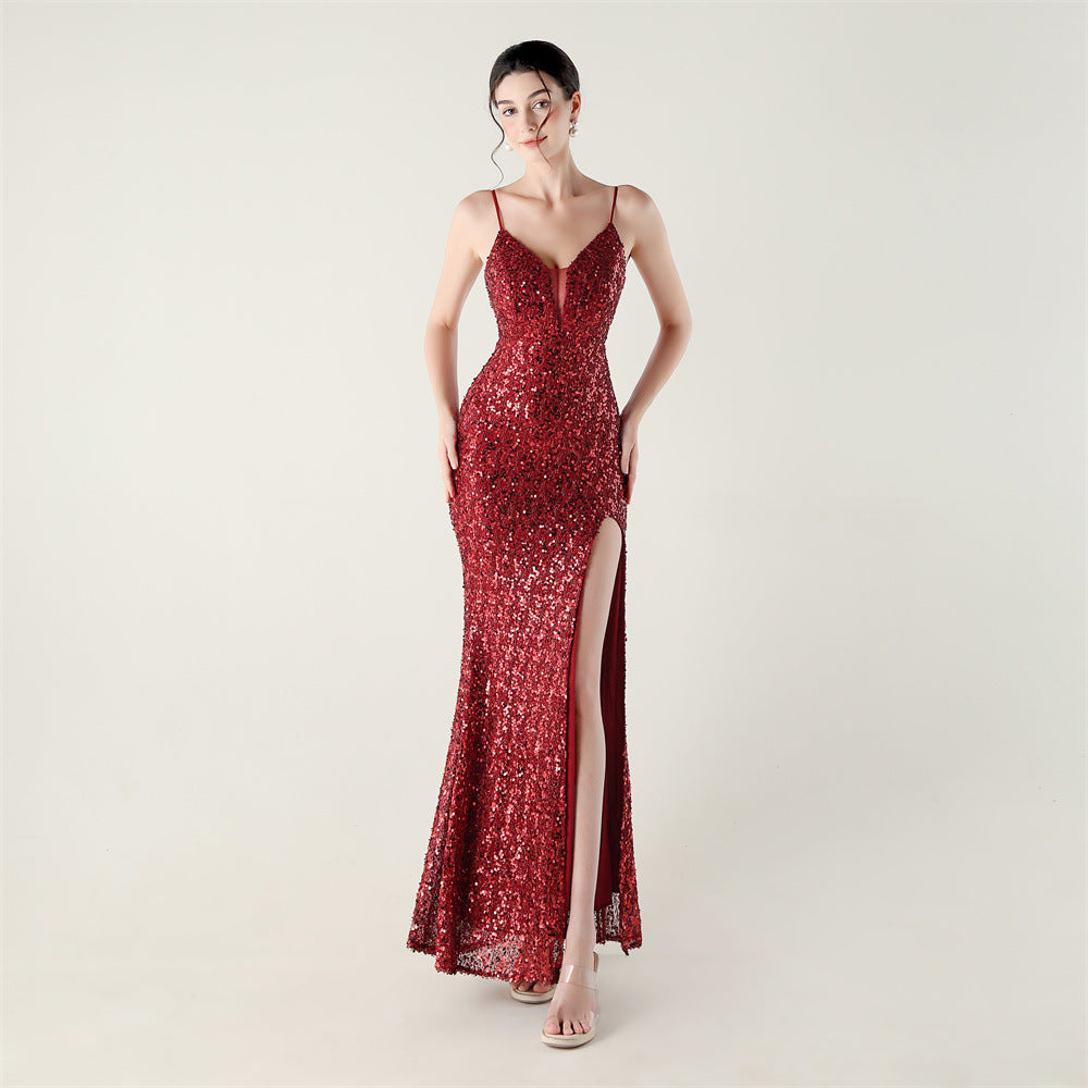 Women beaded tube sequin spaghetti strap cross lace-up evening slit evening dress 6
