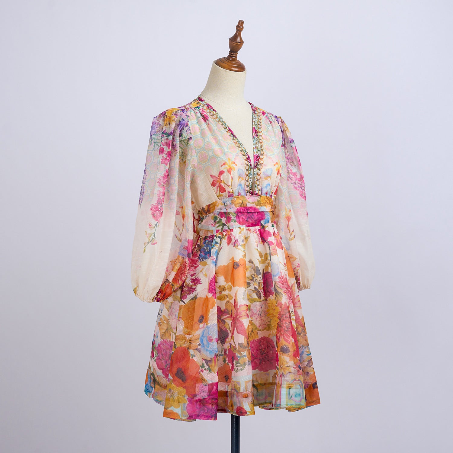 Spring Summer V neck Print Beaded Slim Waist A-line Holidays Dress 7