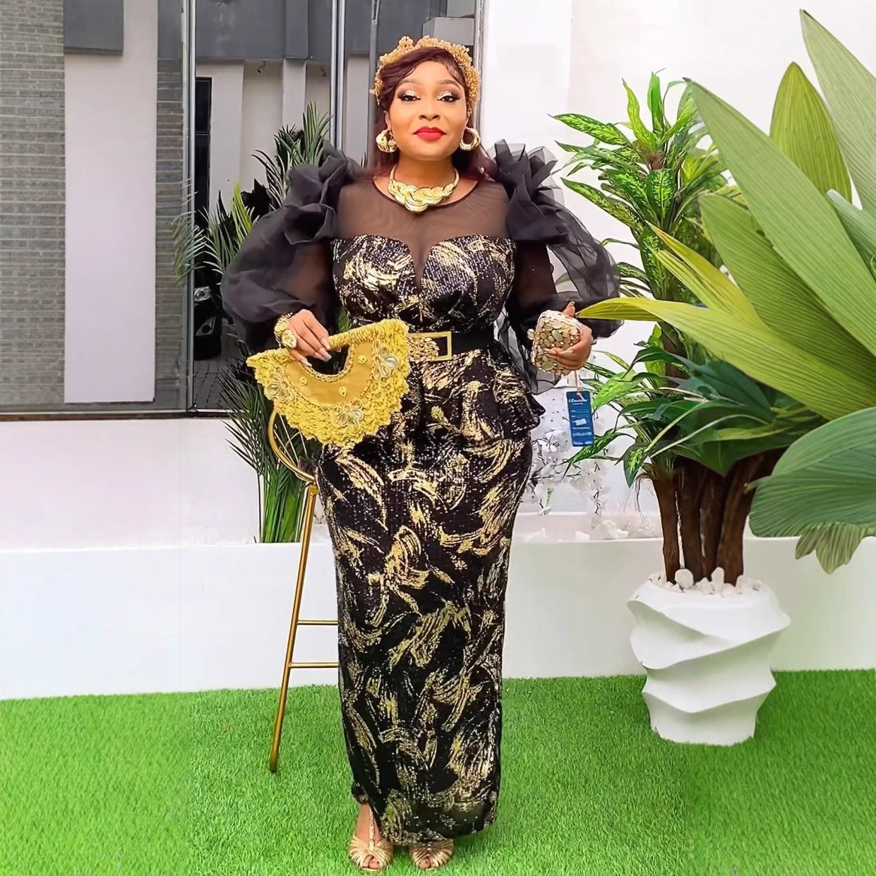 African Women's Plus Size High Waist Fashion Sequin Christmas Party Dress 8