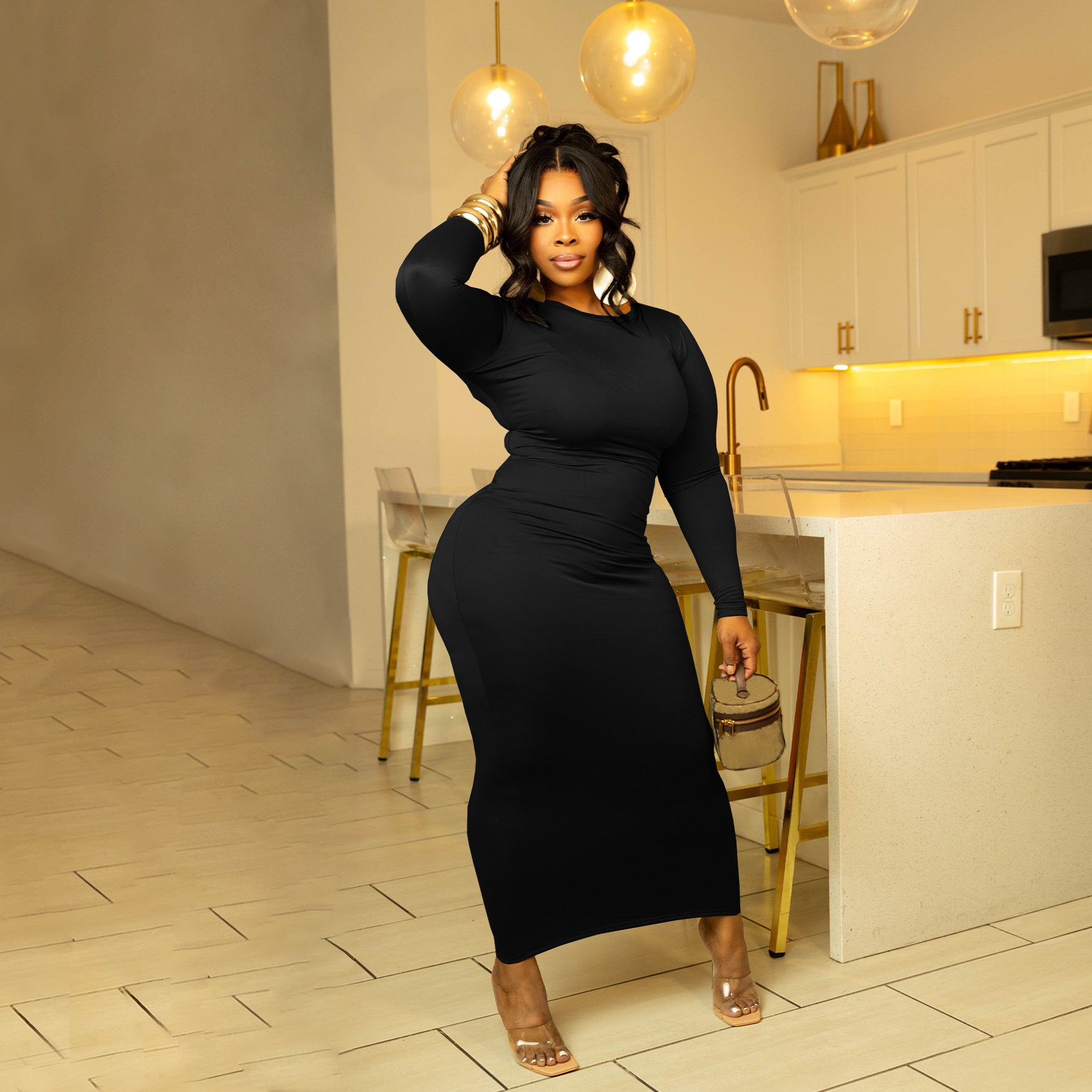 Fashion Women Solid Color Round Neck Long Sleeve Sexy Slim Long Dress 4