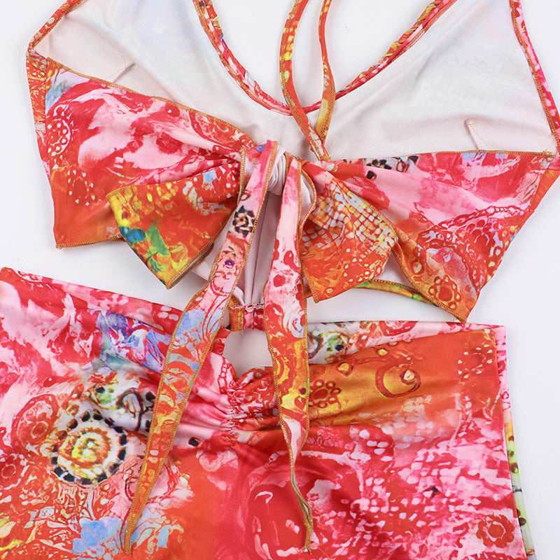 Women summer sexy printed hollow Halter Neck Bodycon dress 16