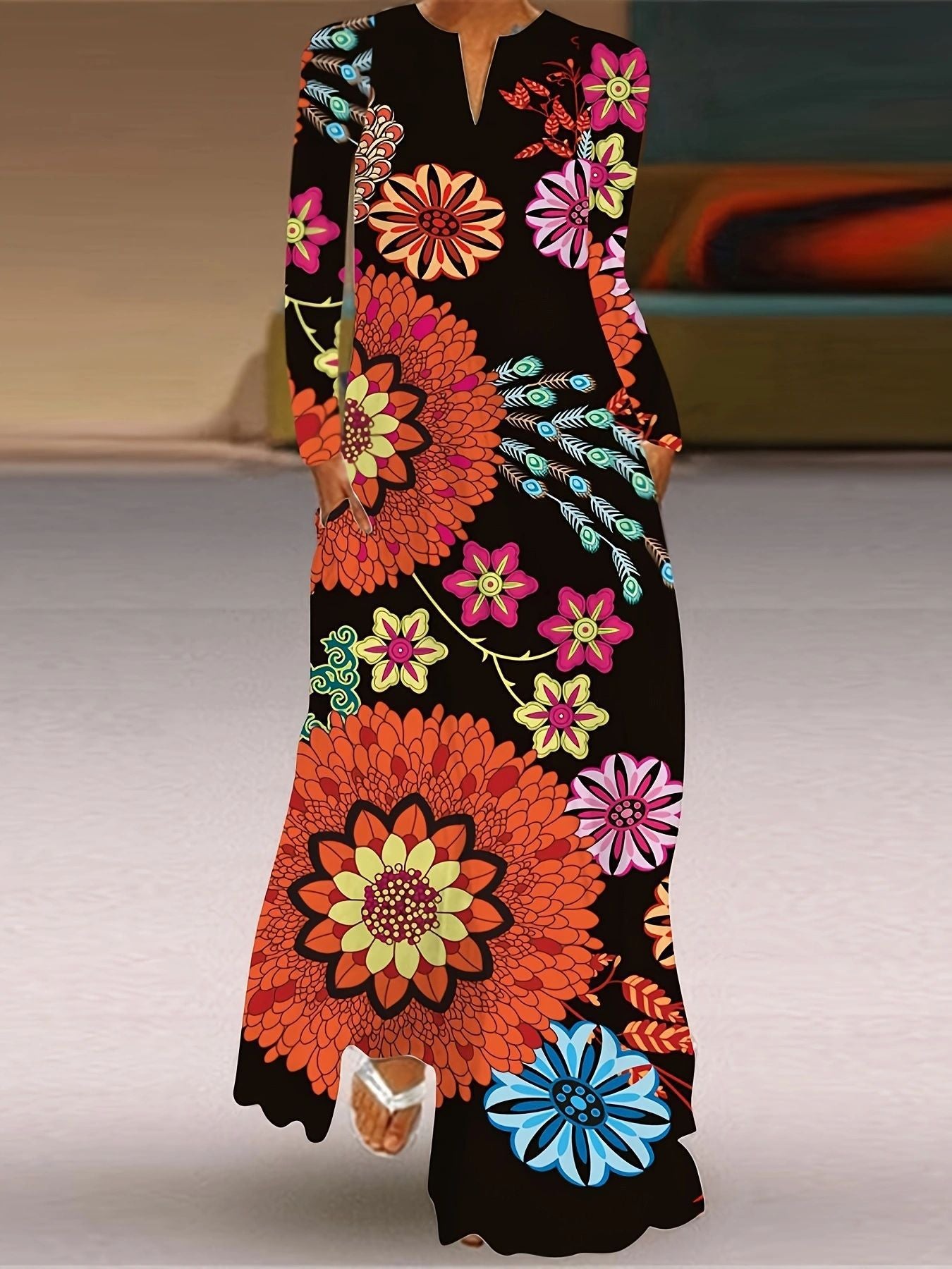 Spring Printed V-Neck Retro Floral Loose Long-Sleeved Long Dress 4