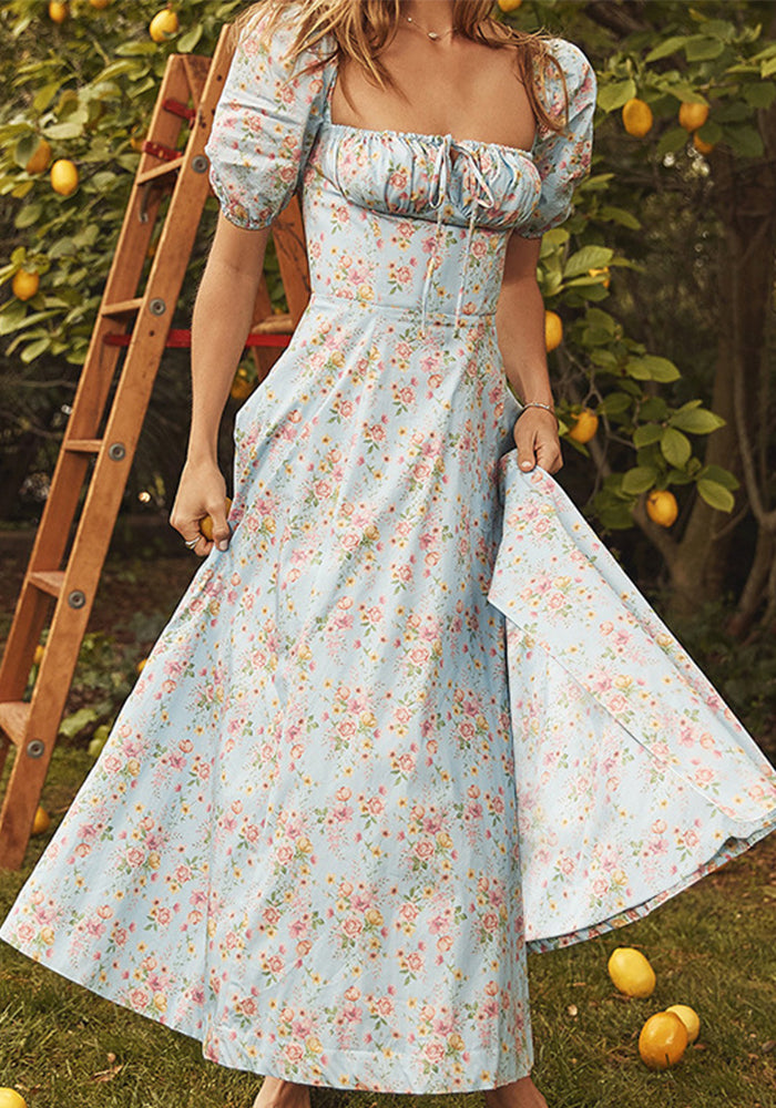 Women Spring Printed French Floral Backless Suspender Slit Dress