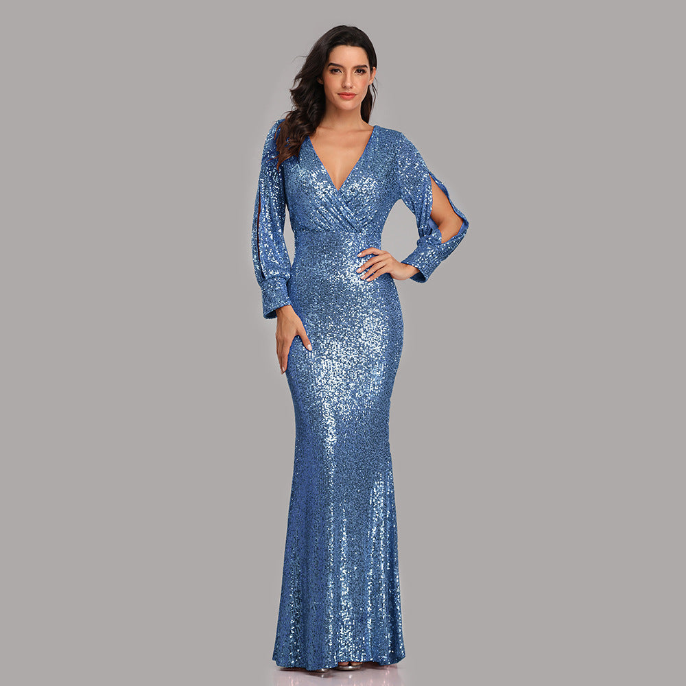 Plus Size Women Long Sleeve V-Neck Sequined Mermaid Evening Dress 10