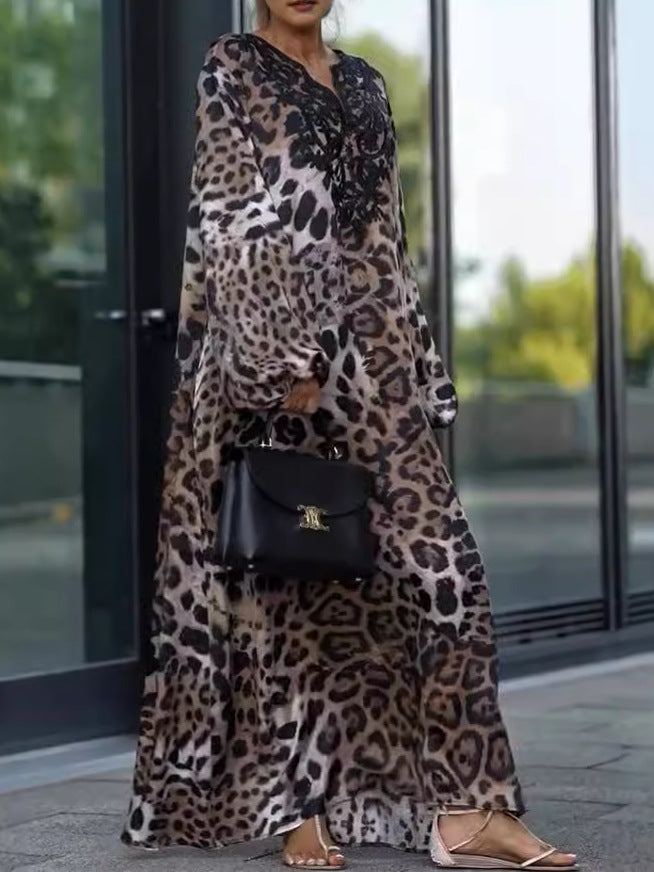 Autumn Loose Leopard Print Long Sleeve Plus Size Dress