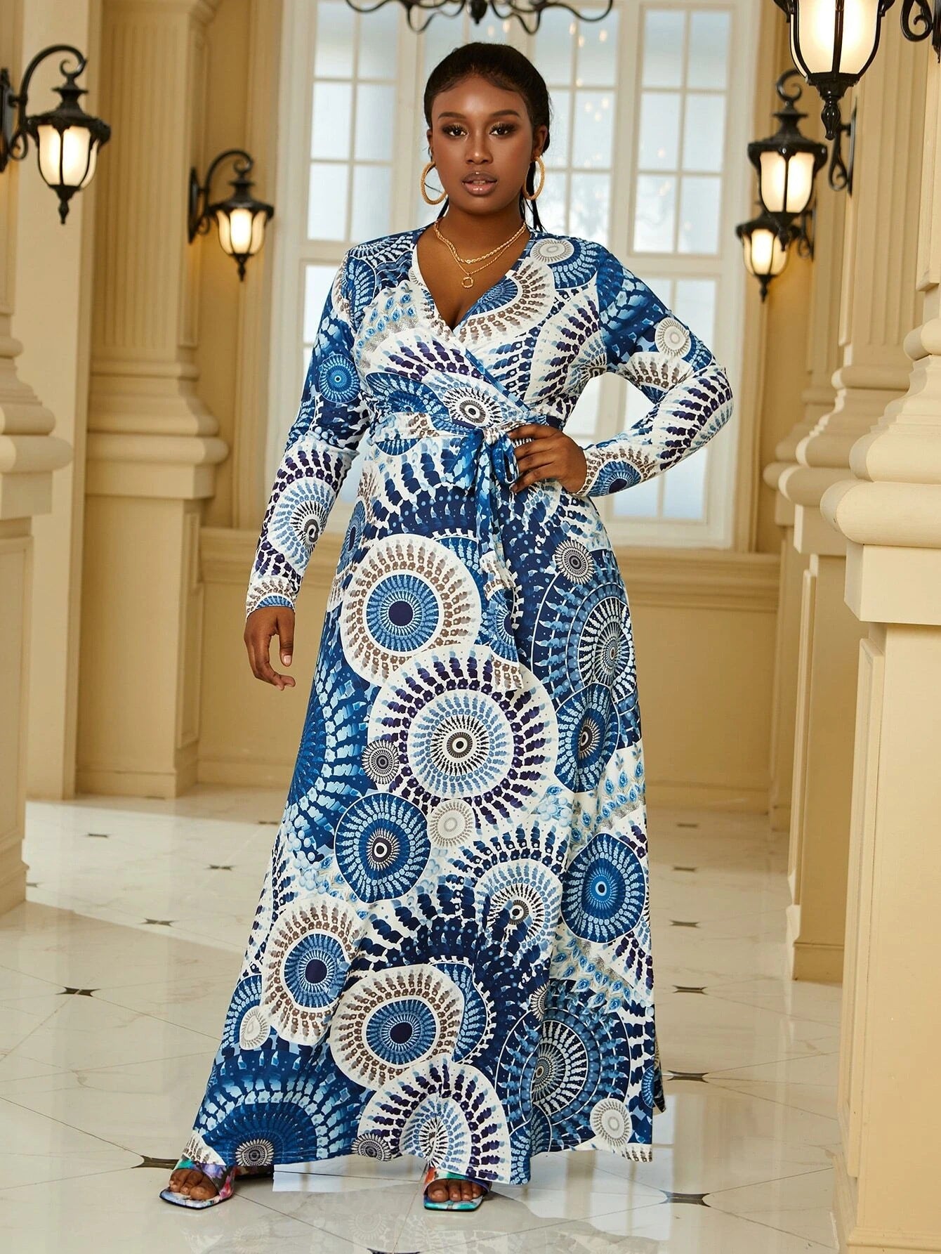 Plus Size Women's Sexy V-Neck Long Sleeve Bohemian Beach Long Dress 12