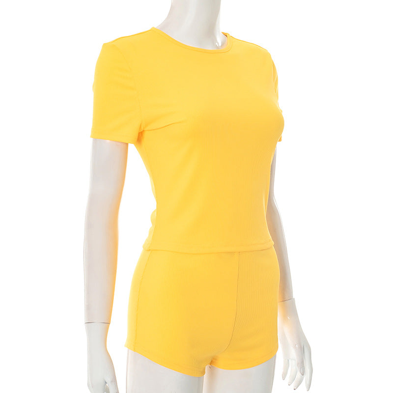 Women's Spring-Summer Solid Color Slim-Fit Round Neck T-Shirt Shorts Set 5