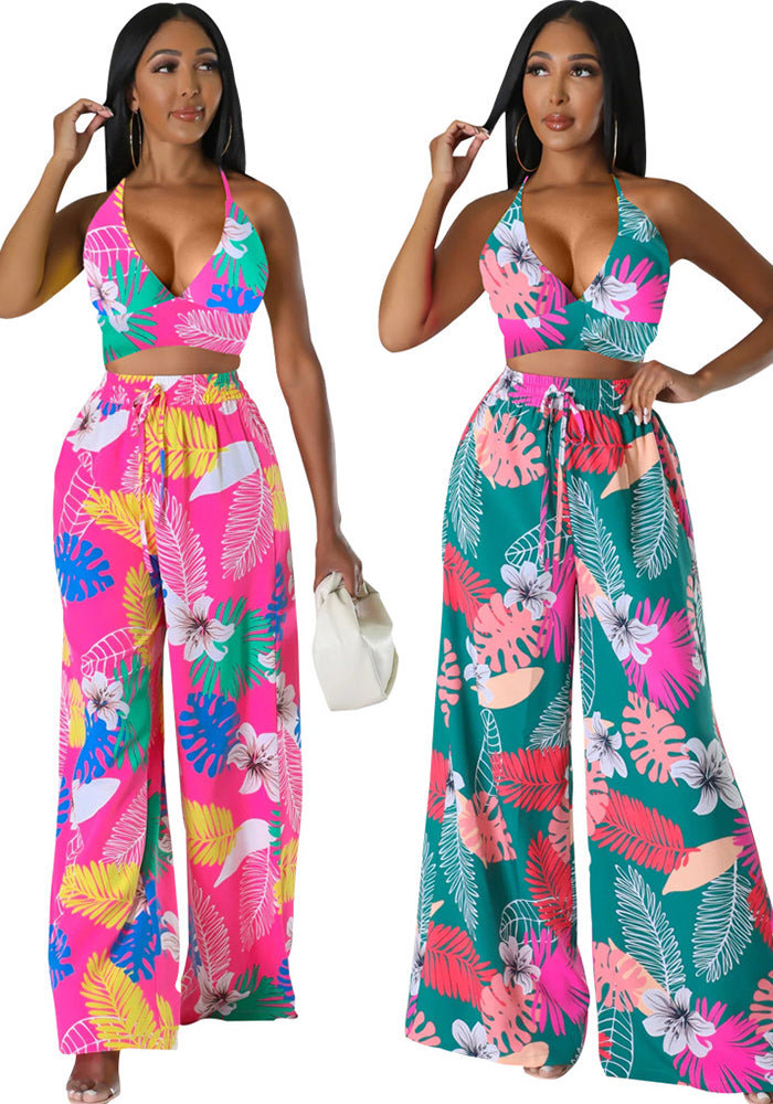 Women Sexy Printed Suspender Lace-Up Top and Pant Two-piece Set