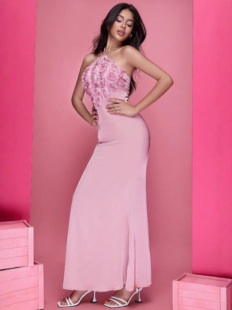 Women purple embroidered satin wrap bustier sexy fishtail Maxi Dress 6