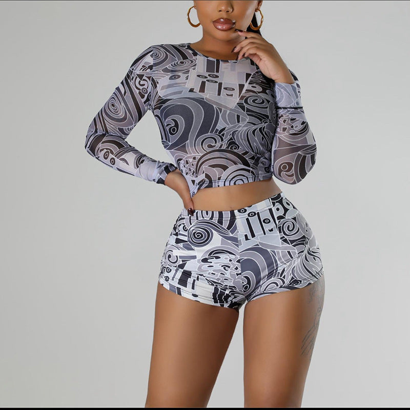 Women Sexy Mesh Print Long-Sleeved Top and Shorts Two-Piece Set
