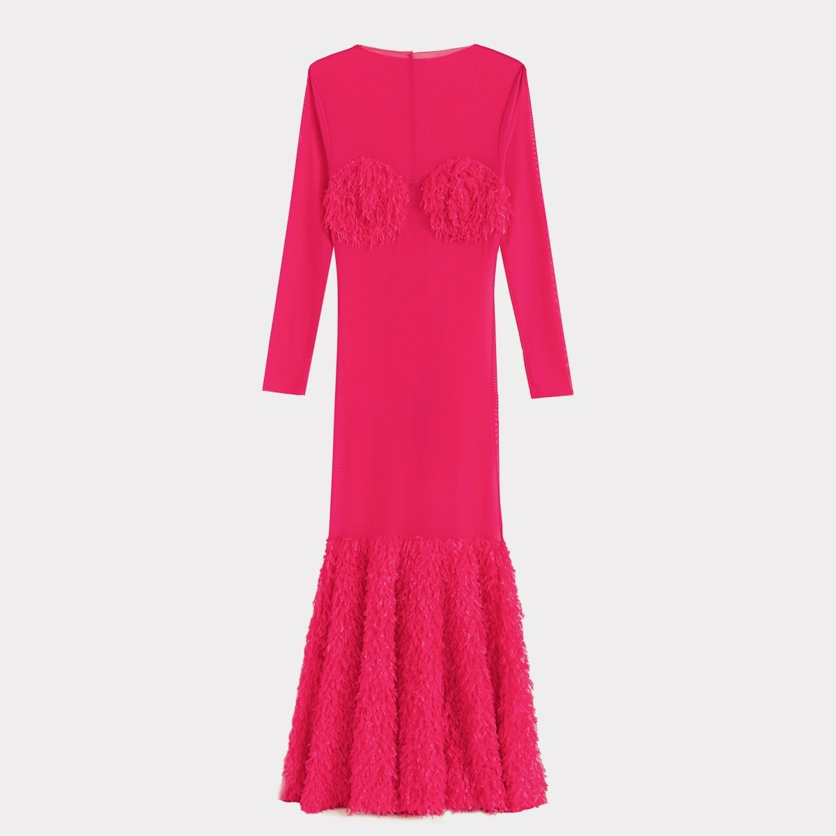 Women Mesh See-Through Round Neck Long Sleeve Patchwork Plush Fishtail Sexy Party Dress 7