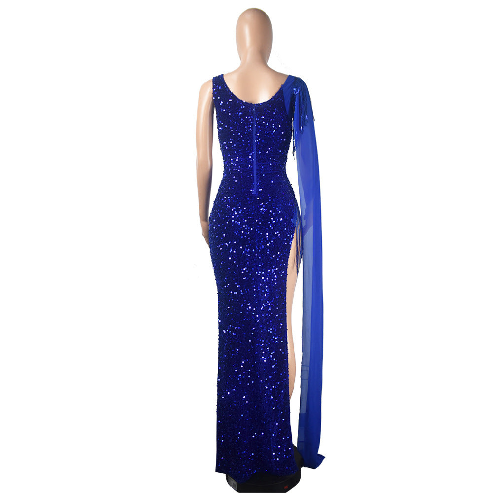 Women Sexy Sequin Tassel Long Dress Evening Dress 11