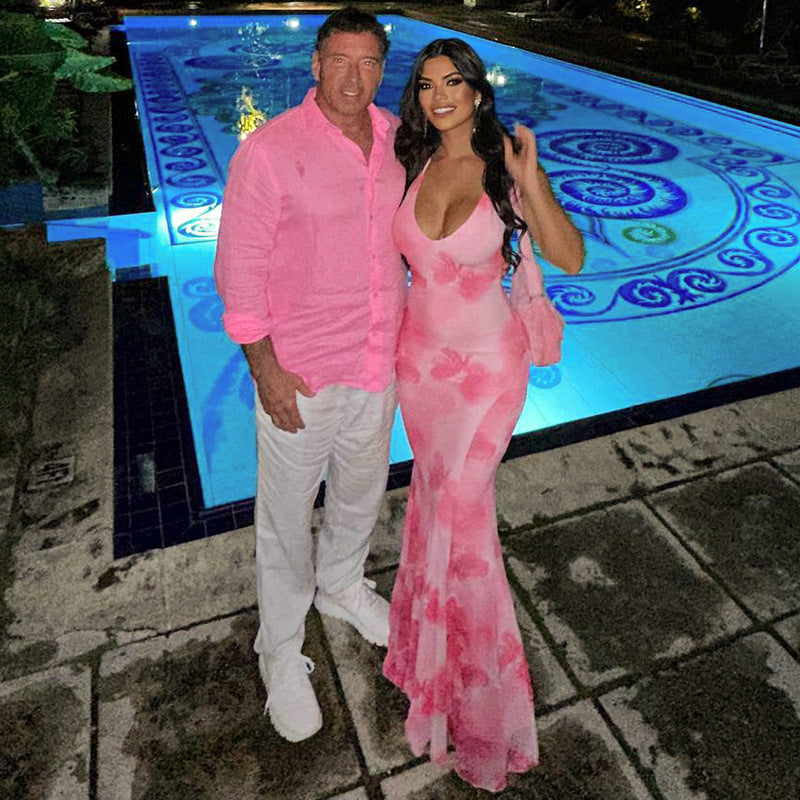 Women Summer Casual Printed Backless Strappy Fishtail Maxi Dress 4