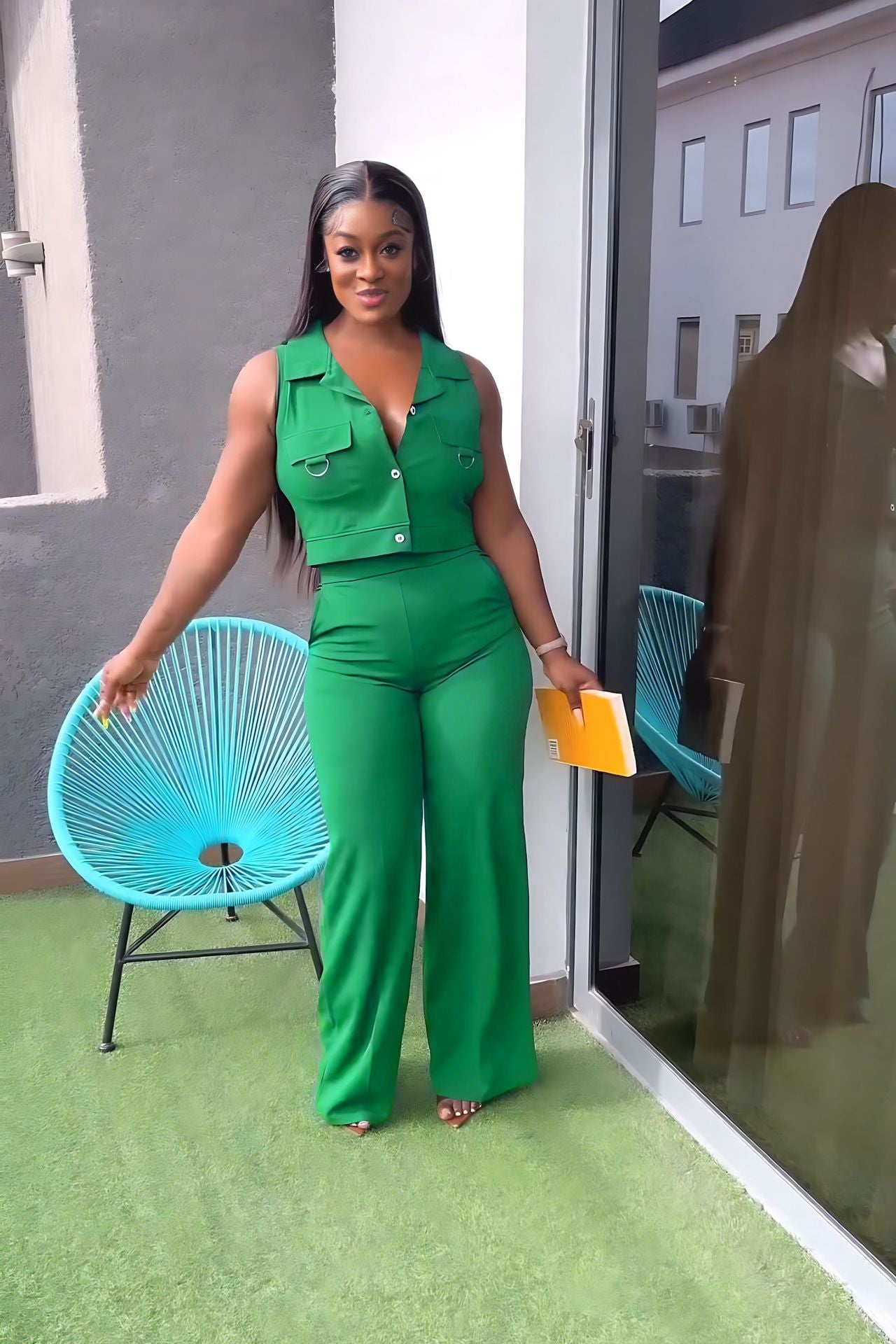 Solid turndown Collar Vest Casual High Waist Straight Leg Trousers Two-Piece Set 5