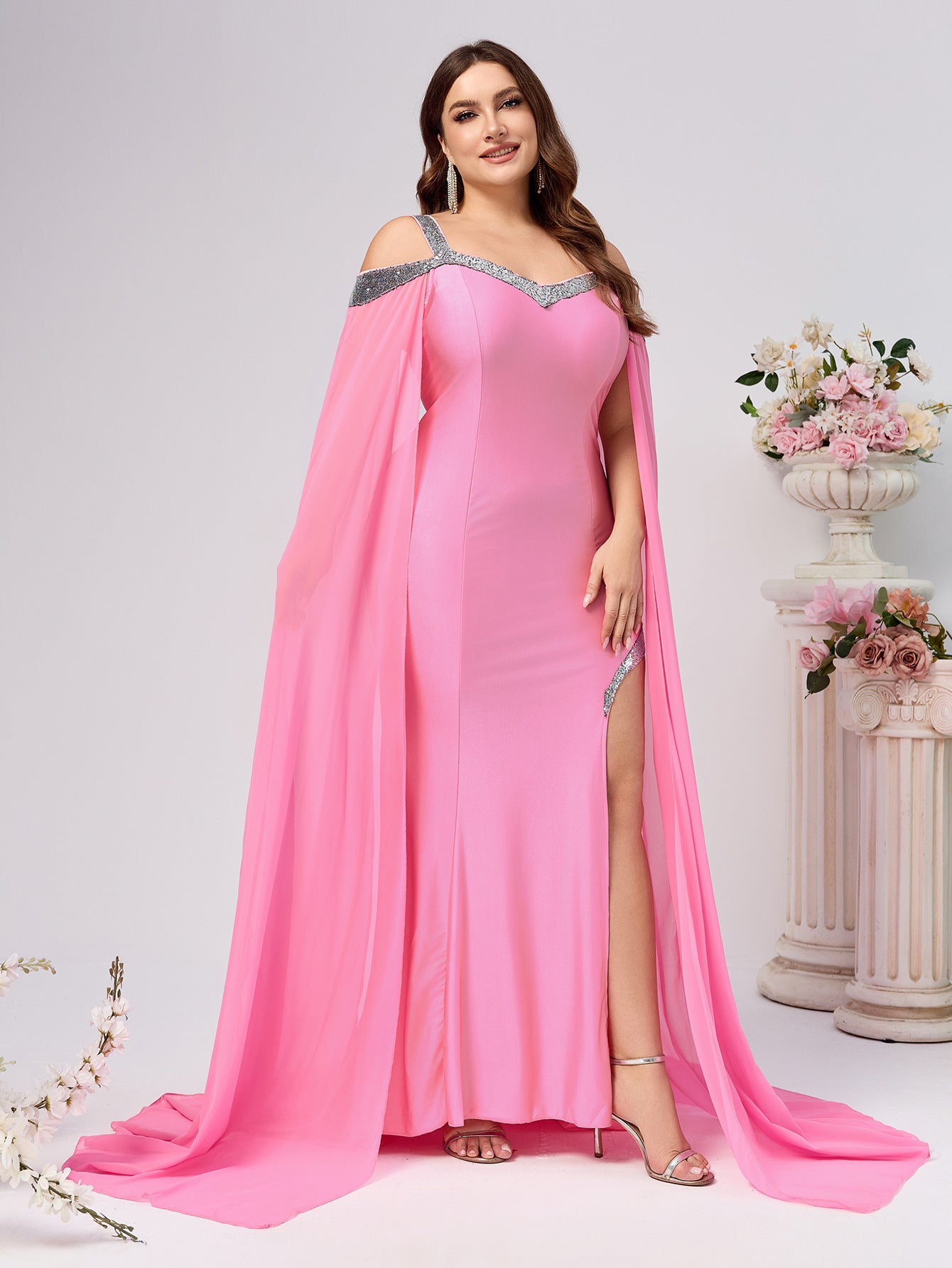 Plus Size Women Suspender Sequin Solid Trailing Evening Dress 5