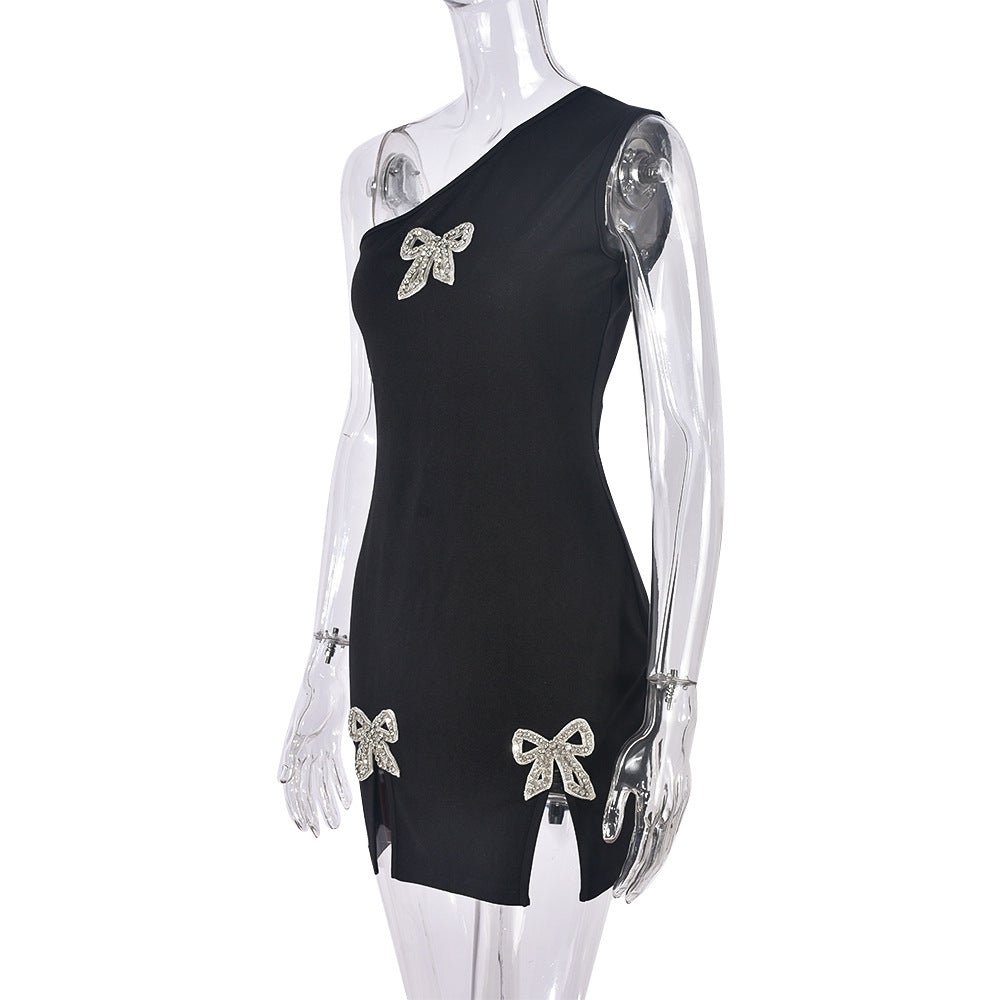 Summer Beaded Bow Slit Slash Shoulder Women Dress 8