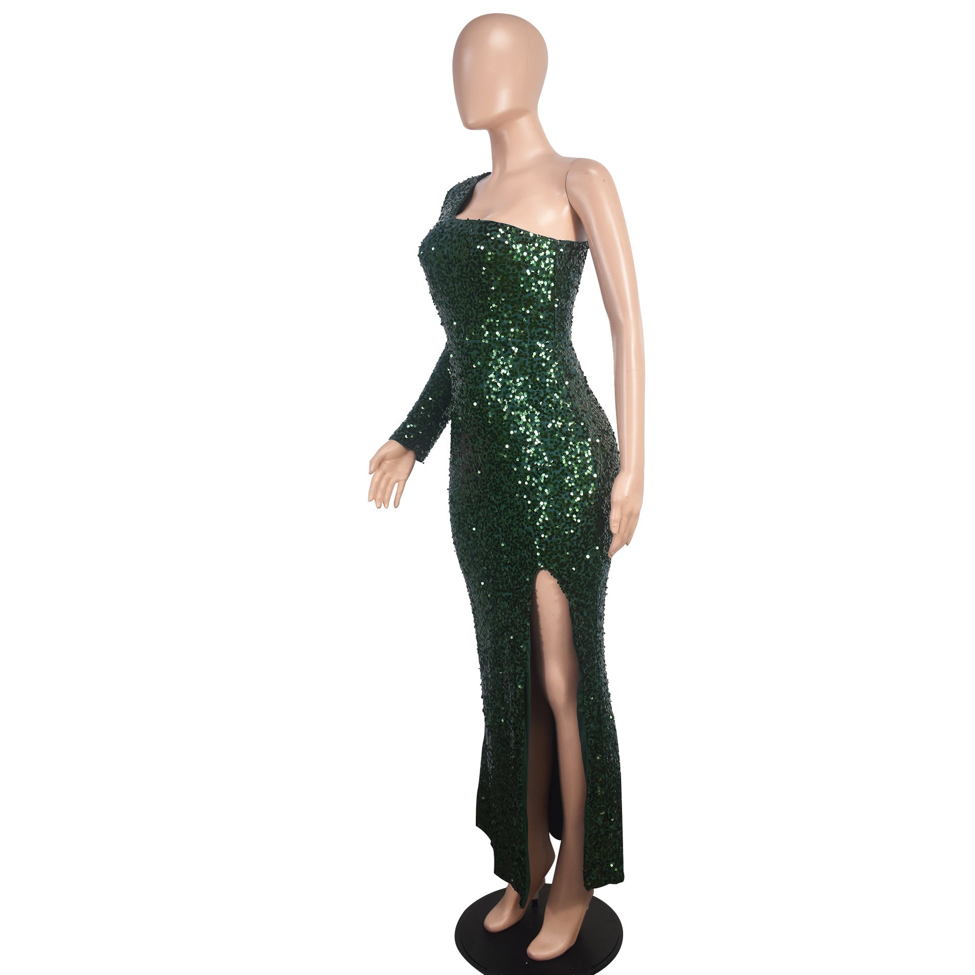 Women's One Shoulder Long Sleeve Sequined Dinner Slit Fishtail Long Dress Evening Dress 7