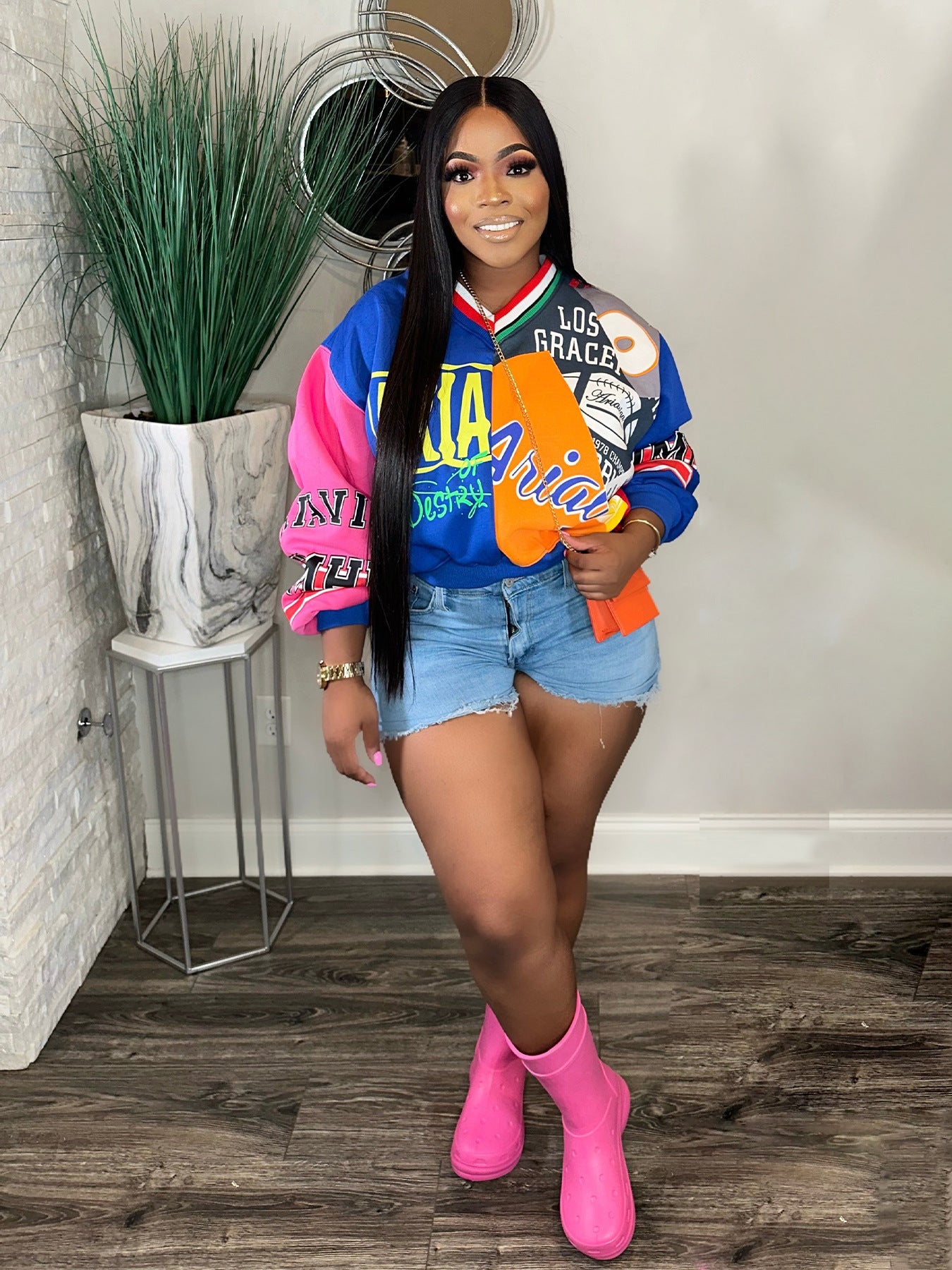 Women's Casual Fashion Patchwork Contrast Color Letter Printed Loose V-Neck Top 5