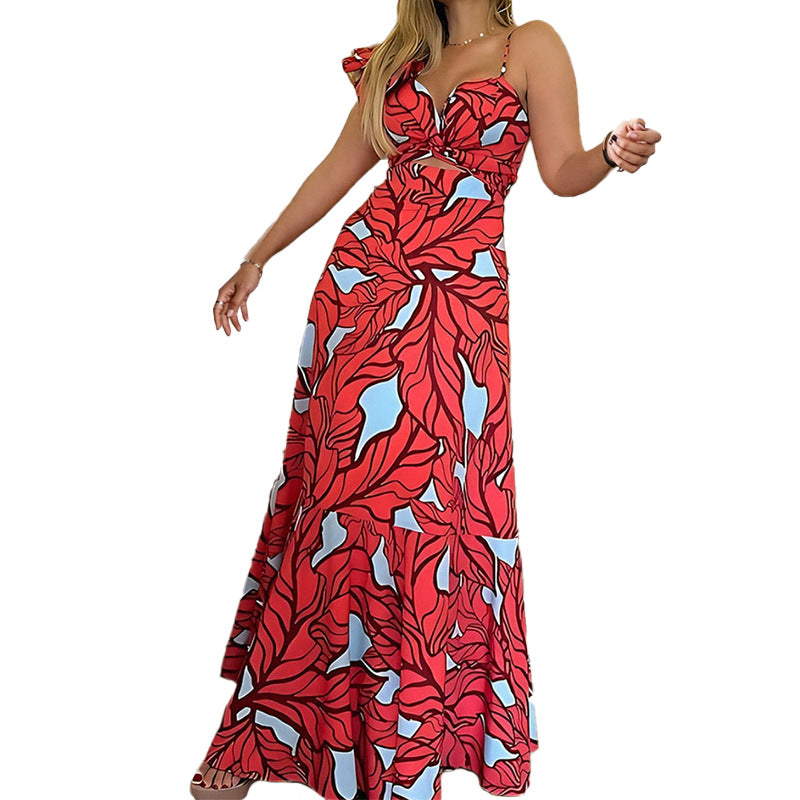 Print Slim Waist High Waist Long Sleeveless Strap Dress 5
