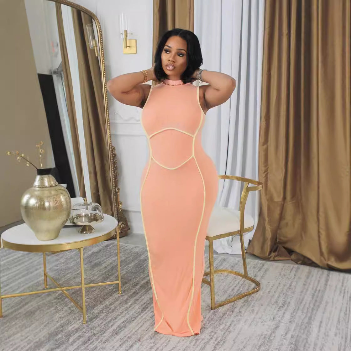 Casual Ribbed Patchwork Sleeveless Slim Long Dress 6