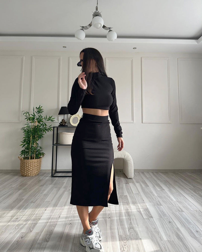 Spring And Autumn Solid Color Ribbed Round Neck Long-Sleeved Women's Two-Piece Fashionable Slit Maxi Skirt Set 3