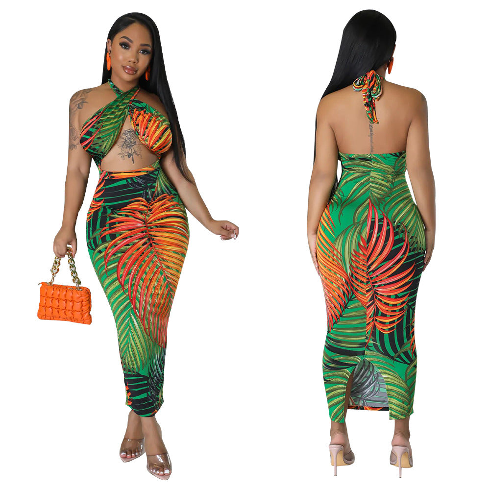 Women's Sexy Sleeveless Lace-Up Low Back Dress Slit Print Maxi Dress 4