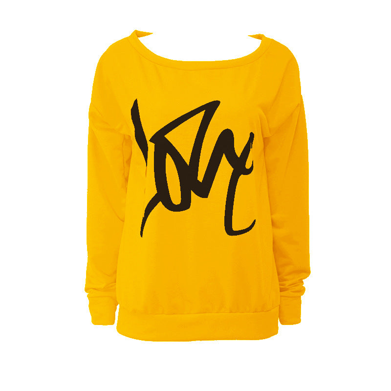 Love Letter Printed Long Sleeve T-Shirt Sexy Off-Shoulder Women's Top 41