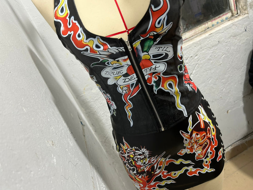 Fashion Pu Leather Halter Neck Sexy Lace-Up Printed Tight Fitting Two-Piece Skirt Set 6