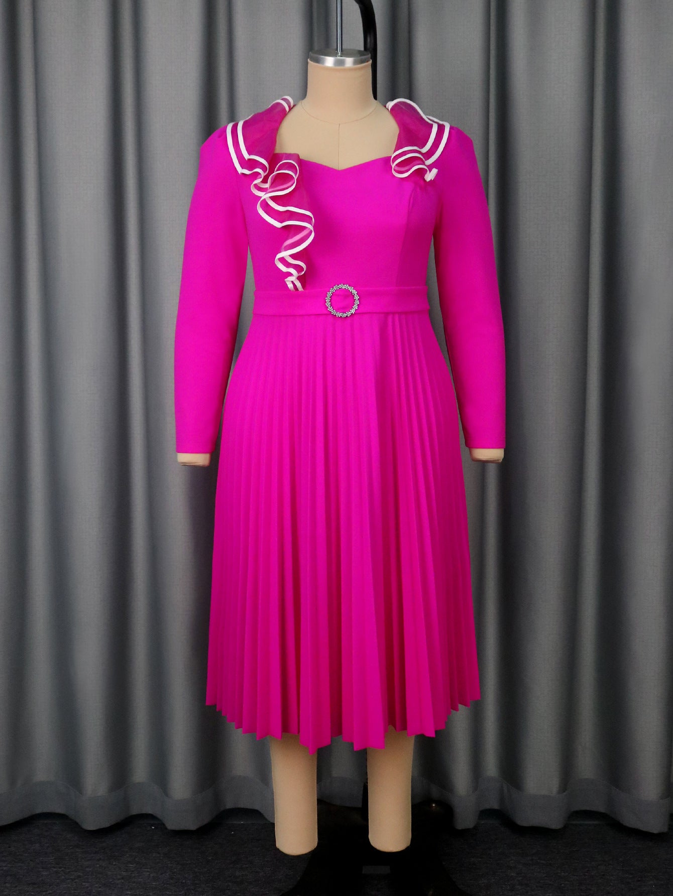 Plus-Size Women Elegant Rose Long-Sleeved Ruffled V-Neck Formal Party Pleated Dress 8