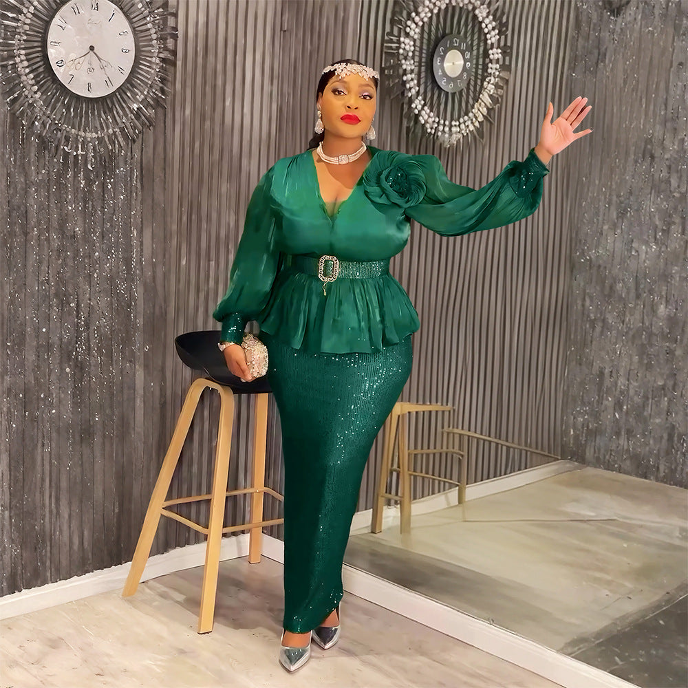 Africa Plus Size Women's Fashion Loose Sequin Evening Dress 4