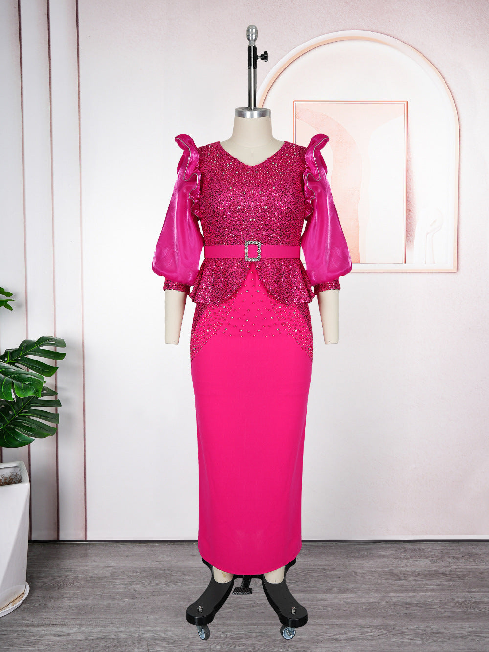 African Plus Size Women's Fashion Puff Sleeve Party Dress Beaded Sequin High Waist Gown 9