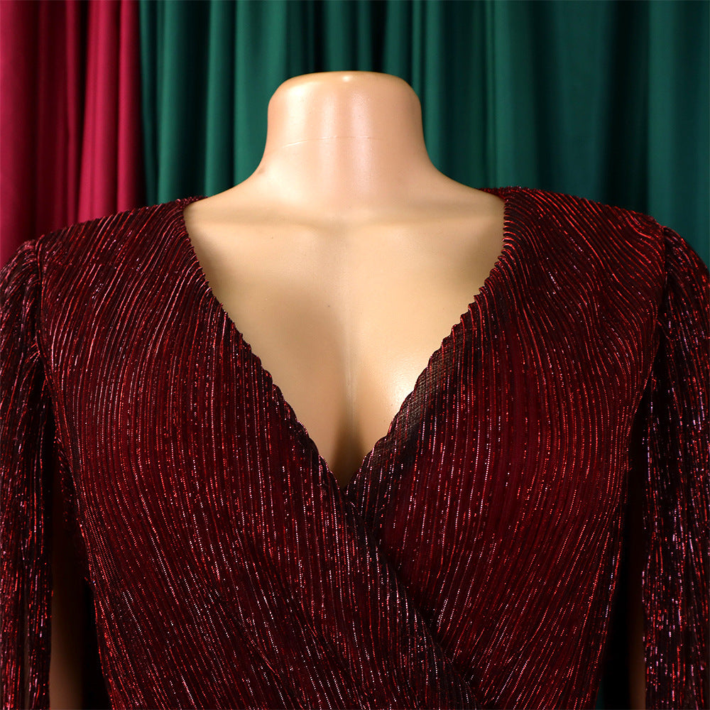 Belted V-Neck Chic Long Sleeve Cape Slim Waist Gown Dress 30