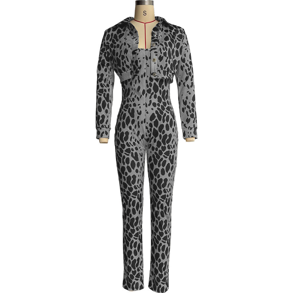 Women Casual Printed Jumpsuit and Coat Two-piece Set 12