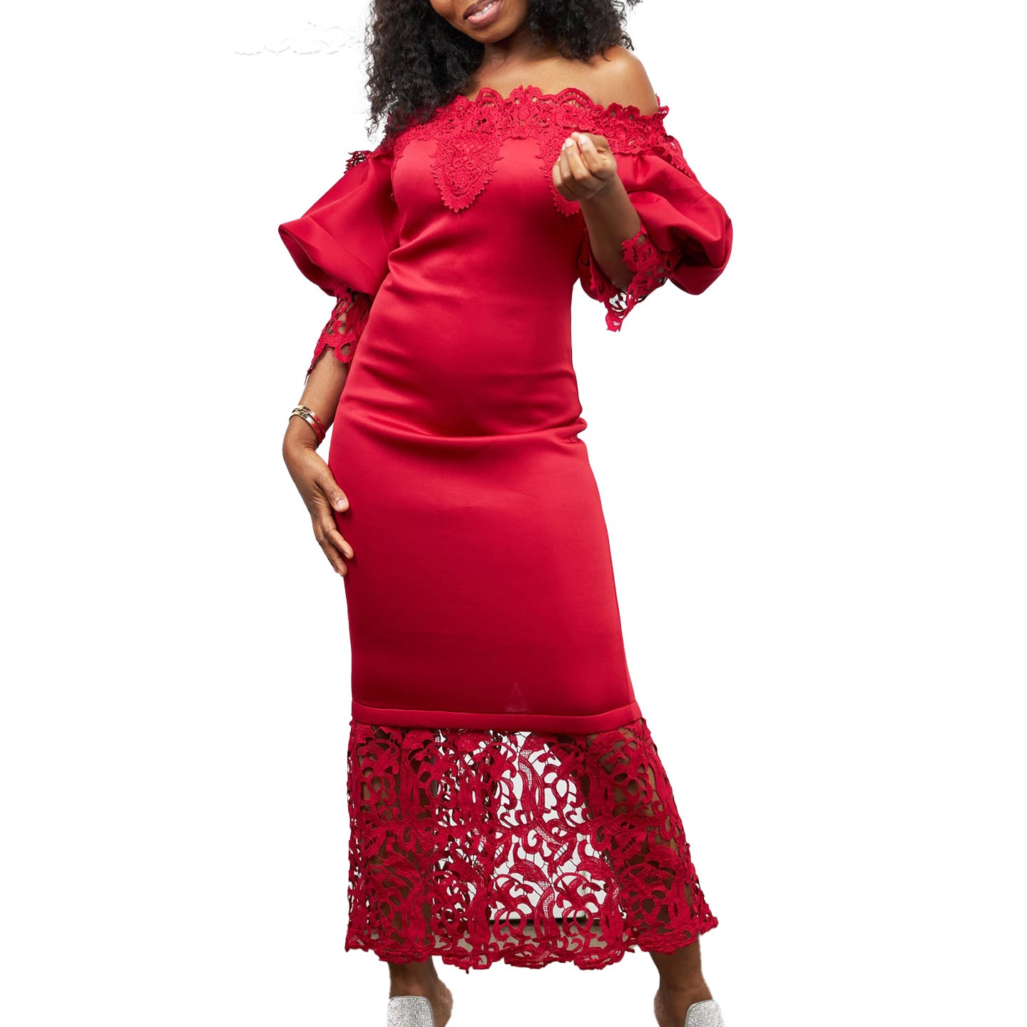 Women's Clothing Off Shoulder Lace Patchwork Puff Sleeve Formal Party Evening Dress 10