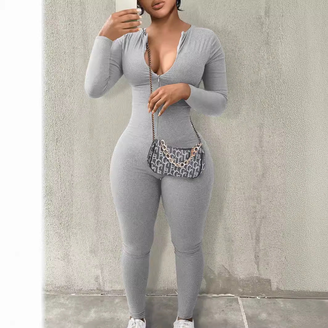 Spring Summer Women's Solid Color Long Sleeve  Tight Fitting Zipper Jumpsuit 6