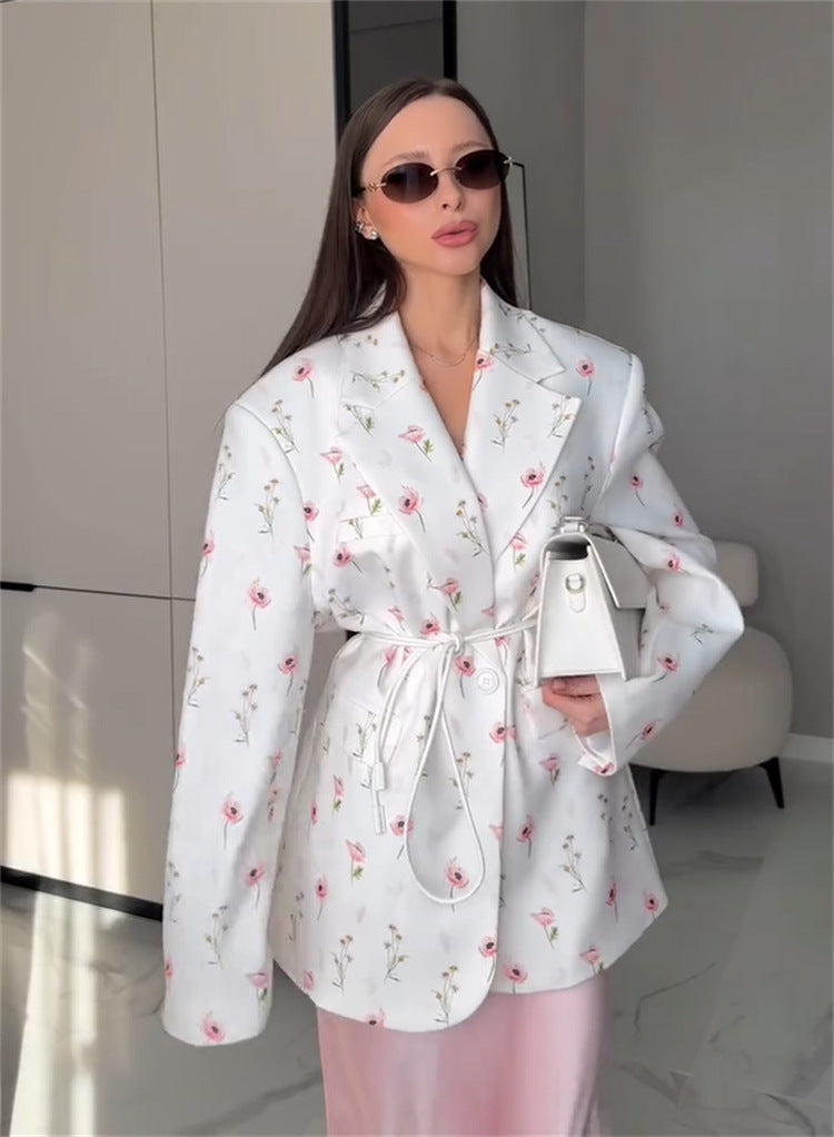 Women's Spring/Summer Printed Loose Turndown Collar Lace-Up Slim-Waist Jacket