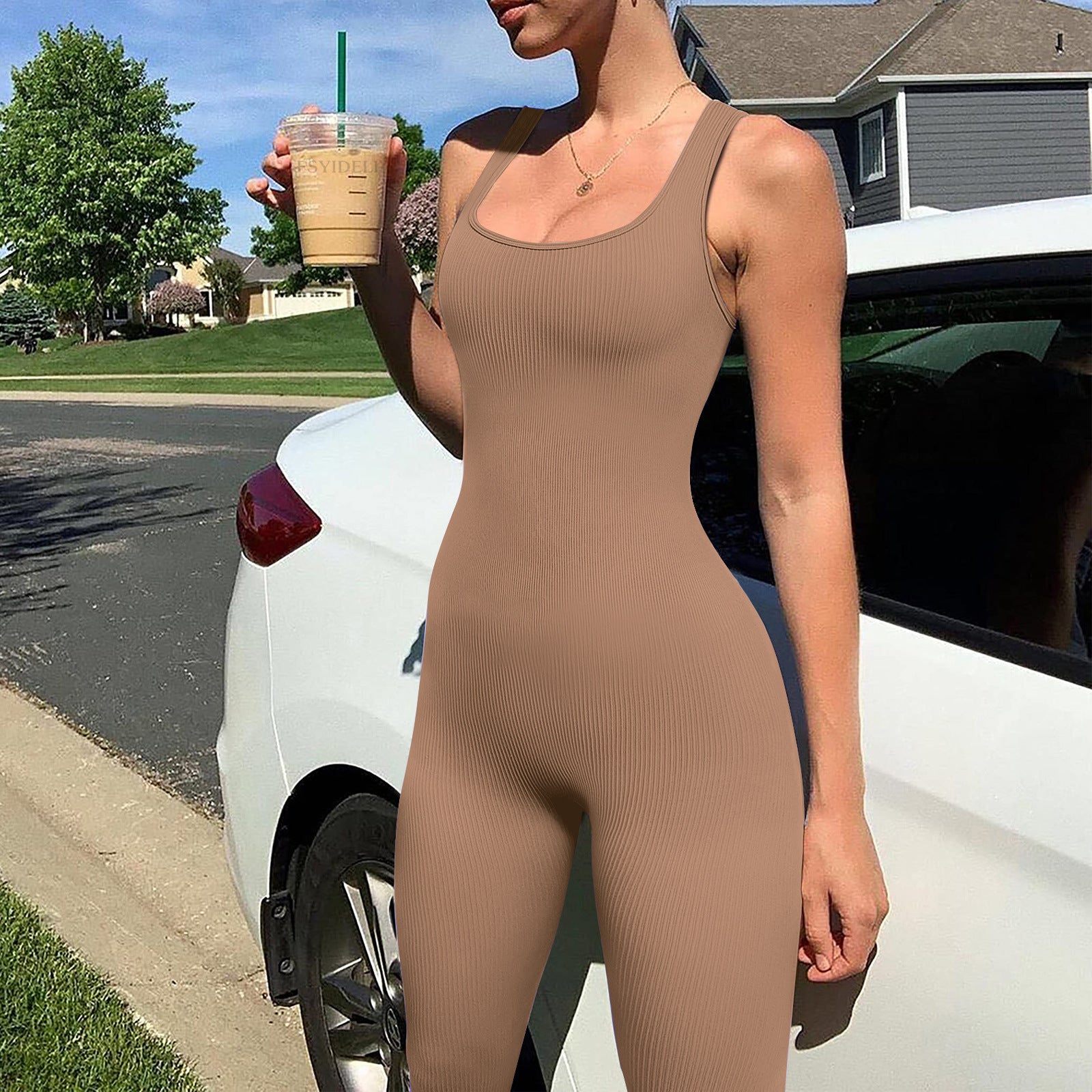 Women's Solid Color Sleeveless Straps Ribbed Square Neck Low Back Butt Lift Slim Sport Jumpsuit 7