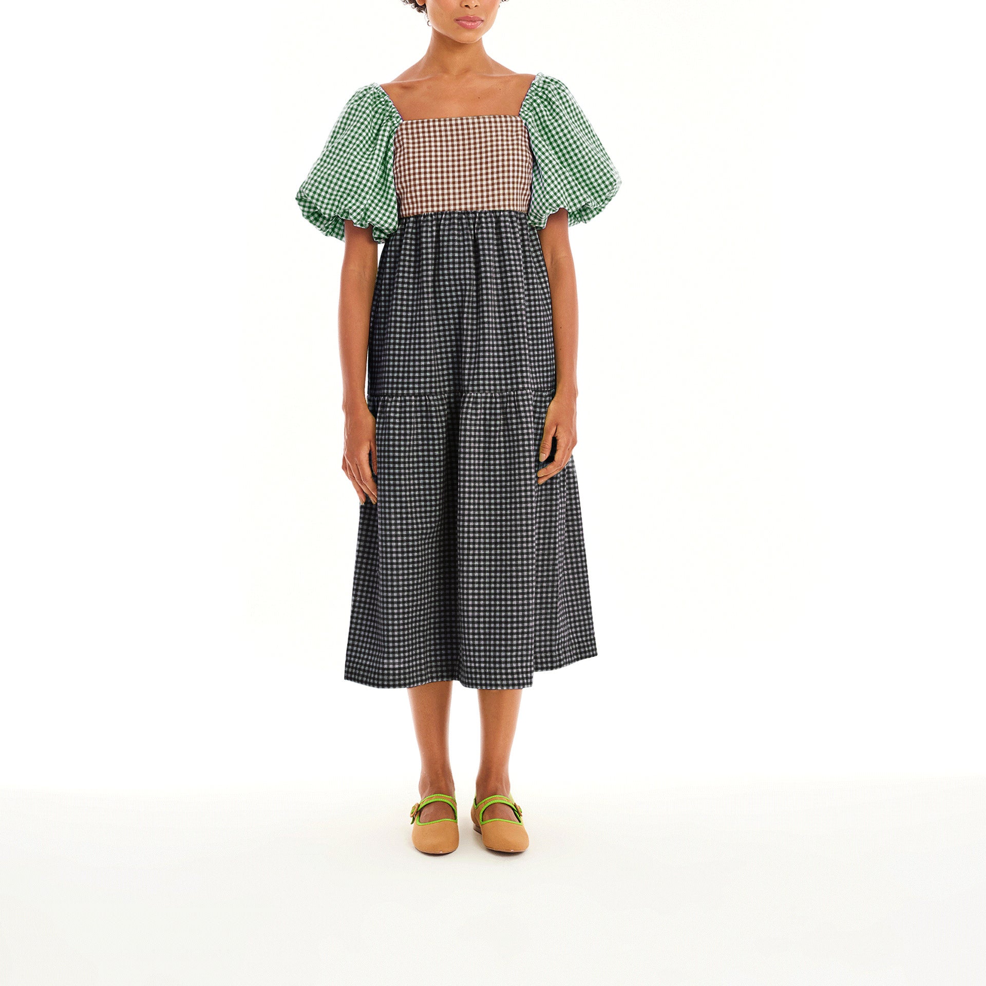 Women Color Block Backless Strappy Balloon Sleeve Dress 5