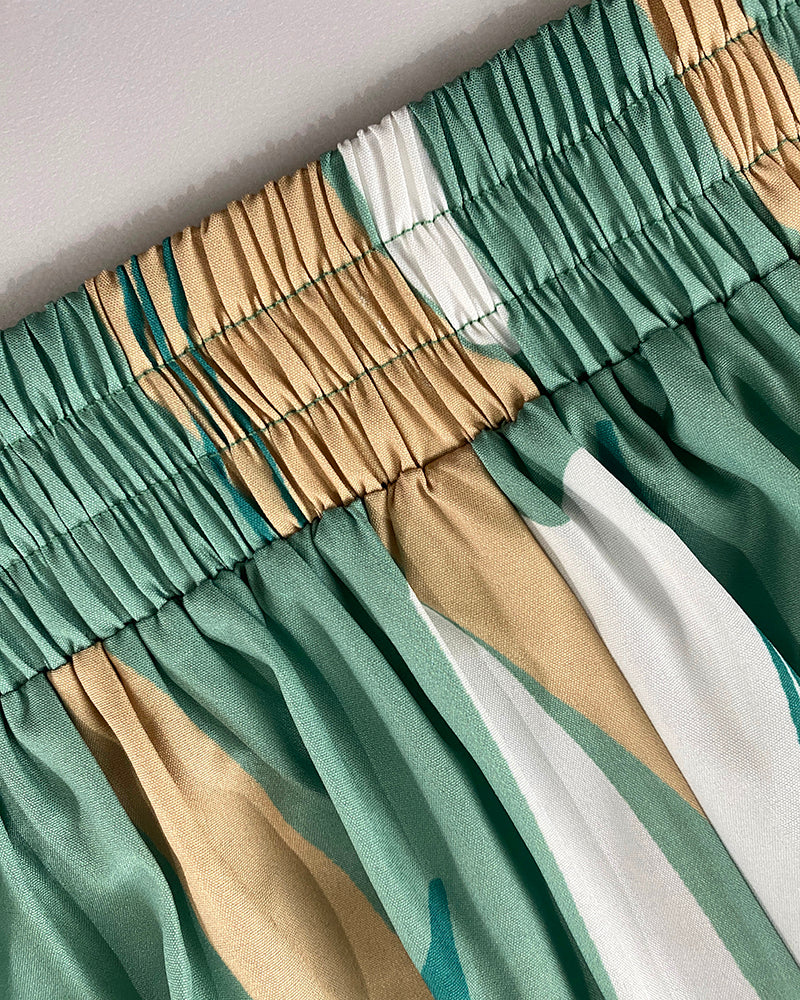 Summer Color Block Printed Short Sleeve Lace-Up Top Wide Leg Pants Two-piece Set 7