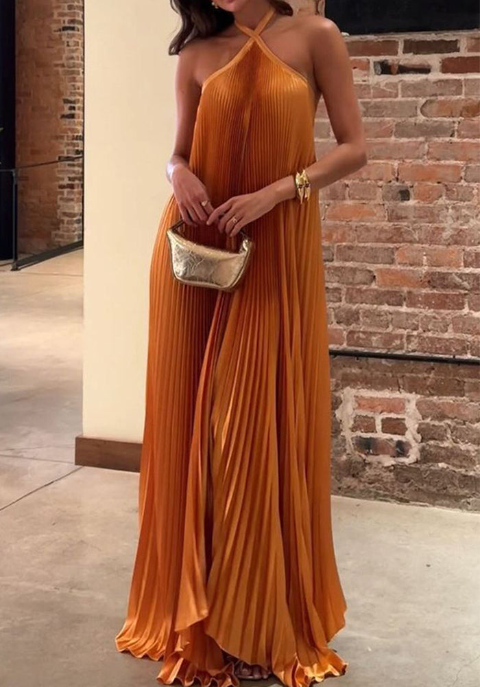 Summer Women's Halter-Neck Low-Back Sexy Sleeveless Pleated Holiday Dress