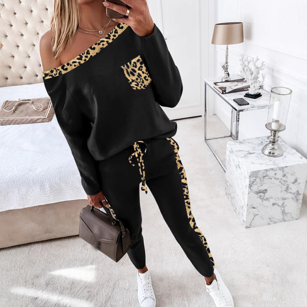 Women Slash Shoulder Collar Leopard Print Long Sleeve Top Lace-up Pants Two Piece Set 4