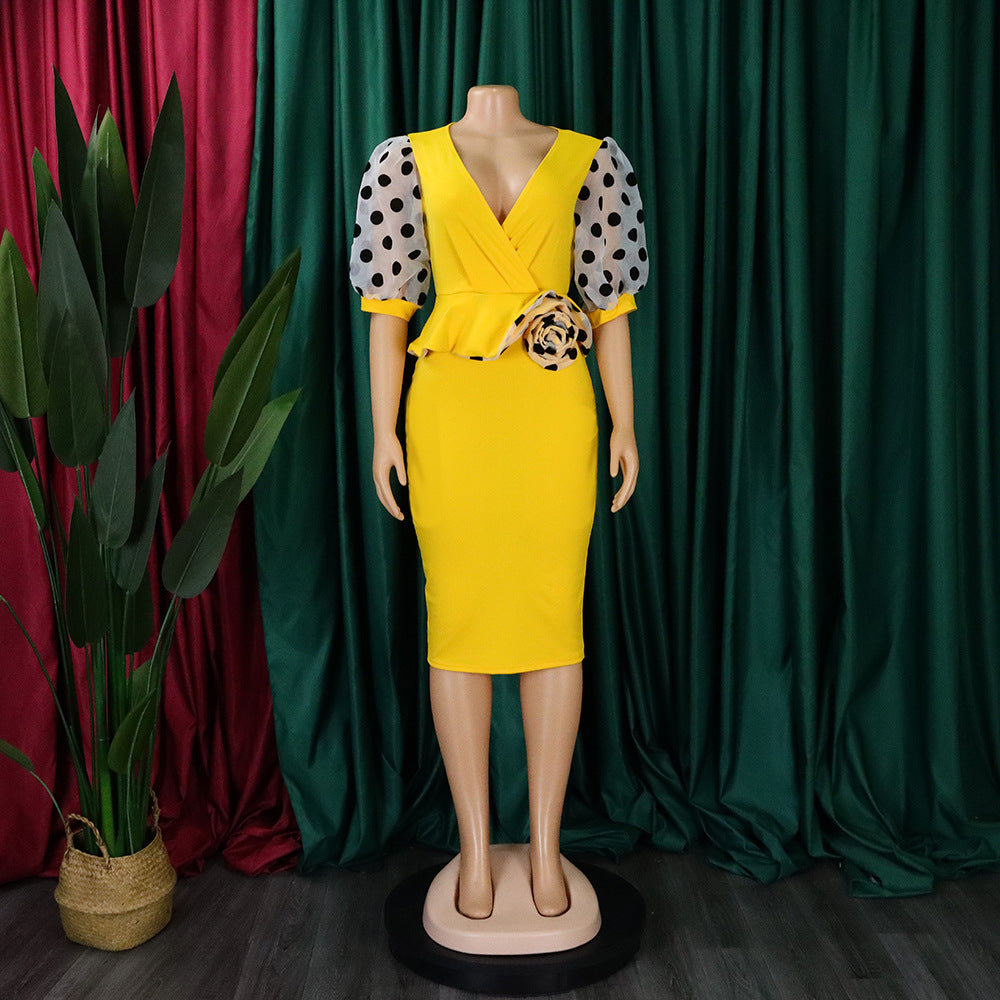 Women Summer mesh flocked puff sleeves V-neck Bodycon dress 10